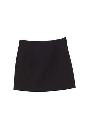 Zwarte minirok met rechte snit, subtiele naaddetails en een zijritssluiting op een witte achtergrond.