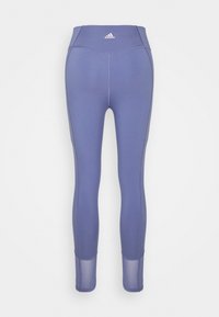 Leggings viola con vita alta, caratterizzati da un tessuto liscio, una trama elastica e pannelli in rete al polpaccio. Logo Adidas in vita.