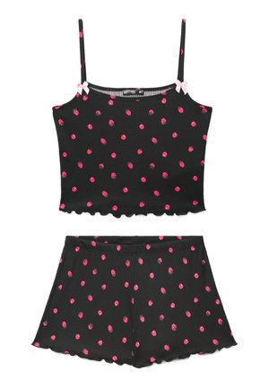Completo nero in tessuto a costine composto da due pezzi con stampa di fragole rosa, comprendente una canottiera corta con fiocchi e pantaloncini abbinati con bordi smerlati.
