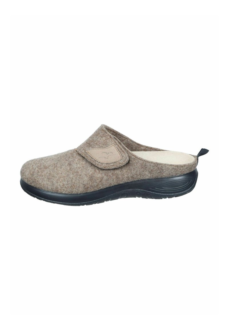Brown felt slip-on shoe with a black rubber sole and a textured surface. Features a side panel and a rear pull tab for easy wear.