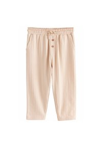 Pantalon beige clair texturé avec une taille élastique, cordon de serrage, poches avant et trois boutons décoratifs. Motif rayé présent.