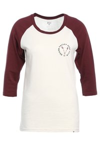 Trekvartsärmad t-shirt i krämfärg med burgundy ärmar. Har ett grafiskt tryck på bröstet med texten "Death Valley Surf Club".