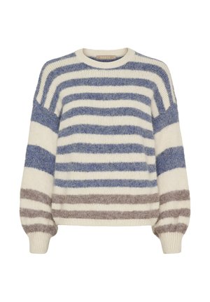 Strikket sweater med lodrette blå, grå og creme striber. Rund halsudskæring, ballonærmer og ribkant, der giver en blød tekstur.