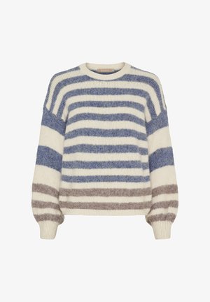 Strikket sweater med lodrette blå, grå og creme striber. Rund halsudskæring, ballonærmer og ribkant, der giver en blød tekstur.