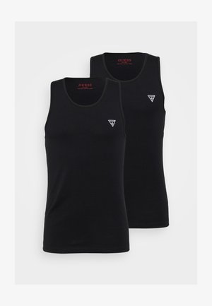 Débardeur noir sans manches avec un petit logo blanc sur la poitrine gauche, associé à des boxers gris. Tissu lisse, design ajusté.