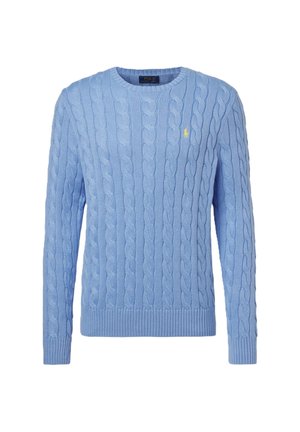 Maglione azzurro chiaro con lavorazione a trecce, girocollo, maniche lunghe e piccolo logo giallo ricamato sul petto.