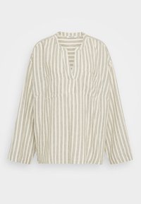 Blusa leve, riscada em creme e cinza, com decote em V, corte solto e mangas longas. Apresenta um bolso frontal e textura suave.