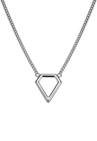 Silberfarbene Halskette mit einem geometrischen Anhänger in Diamantform und offenem Zentrum, an einer Gliederkette mit polierter Oberfläche.
