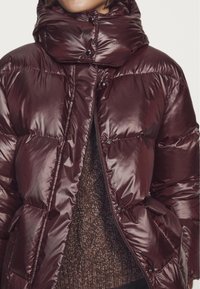 Bordeauxrode pufferjas met hoge kraag, glanzende afwerking, grote doorgestikte delen en zilveren drukknoopsluitingen. Draagt over een gestructureerde bruine trui.