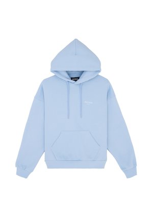 Lichtblauwe hoodie van katoen, met een grote voorzak, trekkoorden en een oversized pasvorm. Logo op de borst weergegeven.