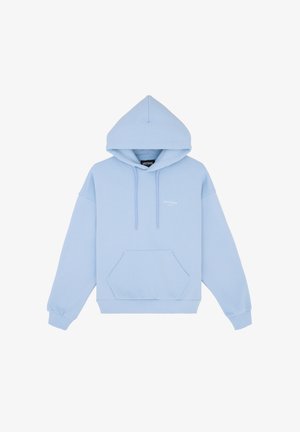 Light blue hoodie made of cotton, featuring a large front pocket, drawstring hood, and oversized fit. Logo displayed on the chest.