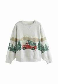 Šedá mikina s ilustrací červeného vintage trucku, obklopeného zelenými stromy a horami v béžových a zelených tónech.