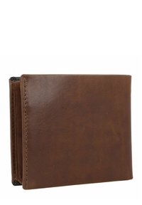 Portafoglio in pelle marrone con una finitura liscia, design a due pieghe e cuciture a contrasto lungo i bordi, caratterizzato da uno stile minimalista.