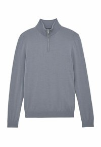 Szary sweter z długim rękawem, zapinany na pół suwaka, z kołnierzem typu stójka, wykonany z dzianiny, z prążkowanymi mankietami i dołem.