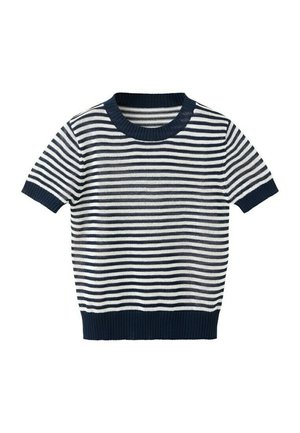Pull en maille à manches courtes avec rayures horizontales bleu marine et blanches, col, poignets et taille côtelés bleu marine.