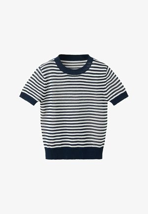 Pull en maille à manches courtes avec rayures horizontales bleu marine et blanches, col, poignets et taille côtelés bleu marine.
