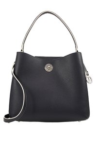 Sac à main en cuir noir texturé avec poignée supérieure et bandoulière amovible, doté d'un fermoir tournant argenté et d'un détail de tirette de fermeture éclair.