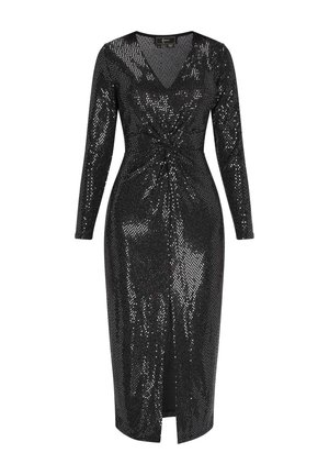 Zwarte paillettenjurk met lange mouwen, V-hals, geknoopt detail bij de taille en een hoge split tot het bovenbeen. Glad materiaal met een glanzende textuur.