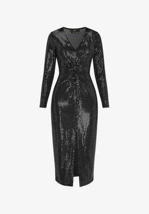 Melnas sekvīnēm rotātas kleitas ar garām piedurknēm, V veida kakla izgriezumu, mezglota detaļa jostasvietā un augšstilbu augstumā vertikālu atvērumu. Gluda auduma ar spīdīgu tekstūru.