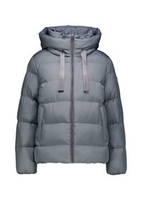 Grijze pufferjack met een hoge kraag en een volledige ritssluiting, voorzien van twee zijzakken en stofbanden. Gladde textuur met een gewatteerd design.