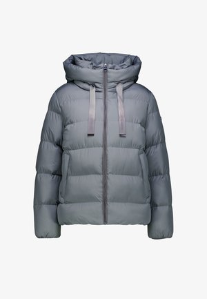 Graue Puffjacke mit hohem Kragen und vollem Reißverschluss, ausgestattet mit zwei seitlichen Taschen und Stoffbändern. Glatte Textur mit steppigem Design.