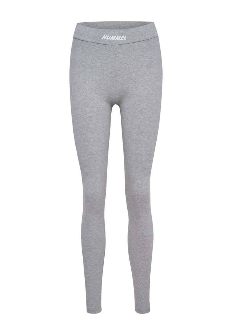 Grijze legging gemaakt van zachte stof, met een hoge tailleband en het "HUMMEL" logo. Strakke pasvorm met een gladde, gelijkmatige textuur.