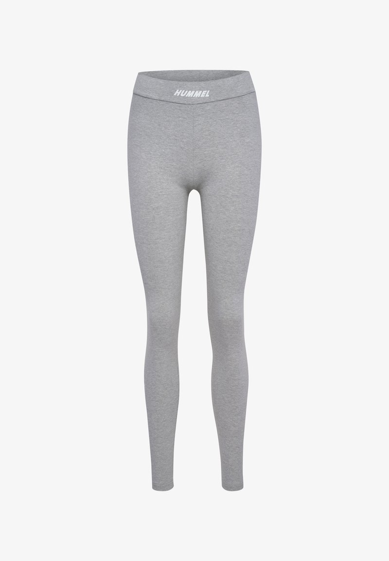 Leggings gris en tissu doux, dotés d'une taille haute avec le logo "HUMMEL". Design ajusté avec une texture lisse et uniforme.