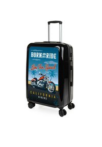 Maleta rígida negra con un gráfico de motocicleta, texto "Born to Ride" y "Live For Speed", con cuatro ruedas y un asa retráctil.