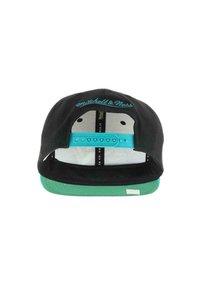 Black cap with a green visor, featuring turquoise accents and embroidered "Mitchell & Ness" logo. Plastic snapback closure. Textured fabric.
