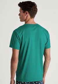 Groene katoenen t-shirt met een ronde halslijn en korte mouwen, gezien vanuit de achterkant. Gladde textuur, casual pasvorm, zonder zichtbare patronen.