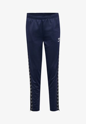 Navy blue athletic pants made of smooth fabric, featuring a black chevron pattern along the sides and an elastic waistband for comfort.