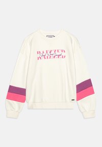Sudadera color crema con mangas largas, que presenta franjas en colores rosa brillante, violeta y fucsia en las mangas y un gráfico que dice "RAIZED Street Wear Concept".