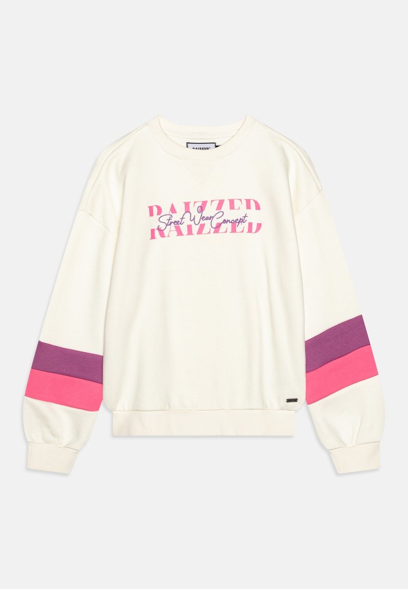 Sudadera color crema con mangas largas, que presenta franjas en colores rosa brillante, violeta y fucsia en las mangas y un gráfico que dice "RAIZED Street Wear Concept".
