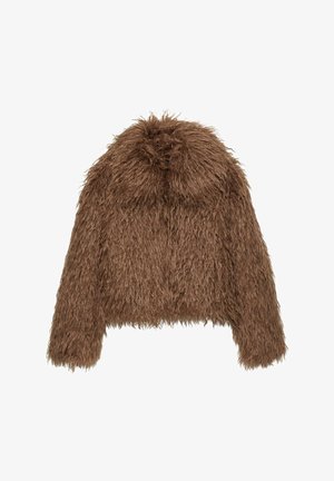 Brown faux fur cropped jacket with a thick, shaggy texture, featuring a round neckline and long sleeves. No visible fastenings.