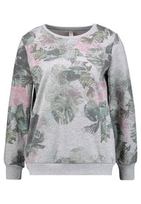 Sudadera gris claro con un estampado floral en verde y rosa, escote redondo, puños y dobladillo acanalados. Tela suave con un ajuste casual.