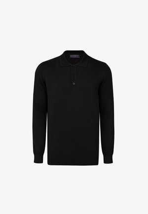 Musta pika varrukaga polo, mis on valmistatud pehmest kangast. Omab kraed, kolme nupuga lukku ning ribatud mansette ja äärist.