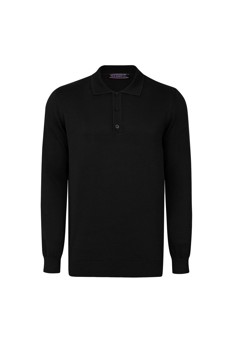Polo negro de manga larga hecho de una tela suave. Cuenta con un collar, una tapeta de tres botones y puños y dobladillo acanalados.