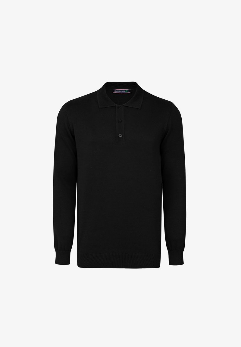 Musta pika varrukaga polo, mis on valmistatud pehmest kangast. Omab kraed, kolme nupuga lukku ning ribatud mansette ja äärist.