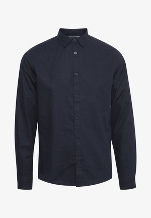 Navyblauwe lange mouwen button-up shirt met een spitse kraag, rechte zoom en een knoopsluiting aan de voorkant. Gemaakt van een gladde, lichtgewicht stof.