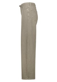 Faded olive green straight-leg trousers in cotton blend. Features a standard waistband, belt loops, and back pockets with stitching details.