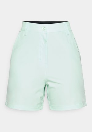 Miętowe szorty o gładkiej fakturze, z zapięciem na guzik i bocznymi kieszeniami. Zawierają subtelne logo wzdłuż szwu bocznego.