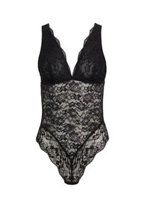 Černý krajkový body s hlubokým výstřihem, květinovým vzorem, vlnkovanými okraji a průhlednou tkaninou. Dekorativní akcenty po celém povrchu.