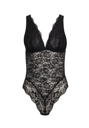Zwarte kanten bodysuit met een diepe halslijn, bloempatroon, scalloped randen en doorschijnende stof. Decoratieve accenten doorheen.