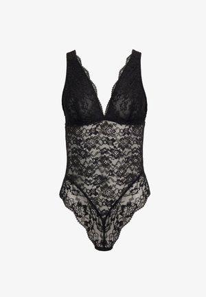 Czarny koronkowy body z głębokim dekoltem, kwiatowym wzorem, falbaniastymi krawędziami i przezroczystym materiałem. Dekoracyjne akcenty na całej powierzchni.