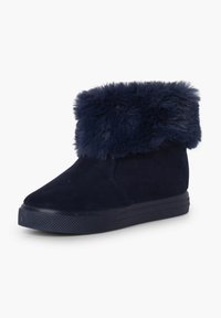 Stivaletto alla caviglia in suede blu navy con un morbido bordo in pelliccia, suola in gomma testurizzata e una parte superiore liscia. Punta arrotondata e senza accessori visibili.