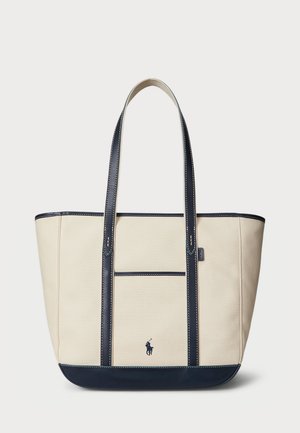LEATHER TRIM CANVAS MEDIUM SHOPPER TOTE - Bolso shopping - ecru/navy