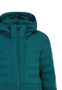 Tyrkysová péřová bunda s vysokým límcem, zapínáním na zip a nastavovacími šňůrkami. Obsahuje decentní logo a strukturované látkové panely.