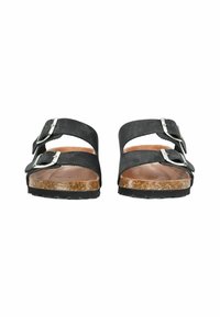 Sandali neri in suede con due cinturini regolabili, fibbie in argento, una soletta in sughero marrone e una suola nera testurizzata per una buona aderenza.