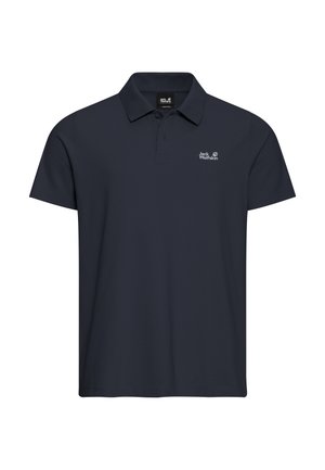 Navy polo shirt made of breathable fabric, featuring a three-button placket and a small white logo on the left chest. Short sleeves.