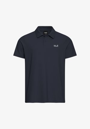 Navy polo shirt made of breathable fabric, featuring a three-button placket and a small white logo on the left chest. Short sleeves.